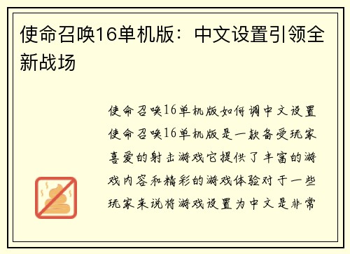 使命召唤16单机版：中文设置引领全新战场