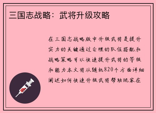 三国志战略：武将升级攻略